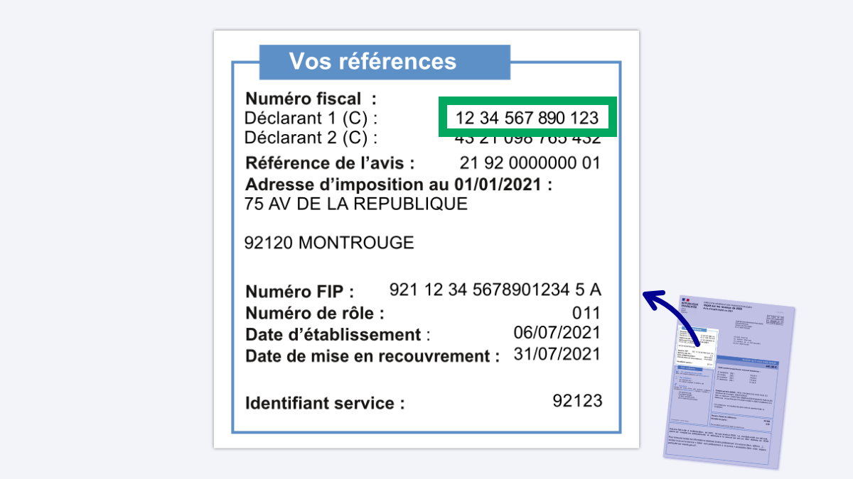 Emplacement de votre numéro fiscal sur votre avis d’impôt sur les revenus (encadré en vert)