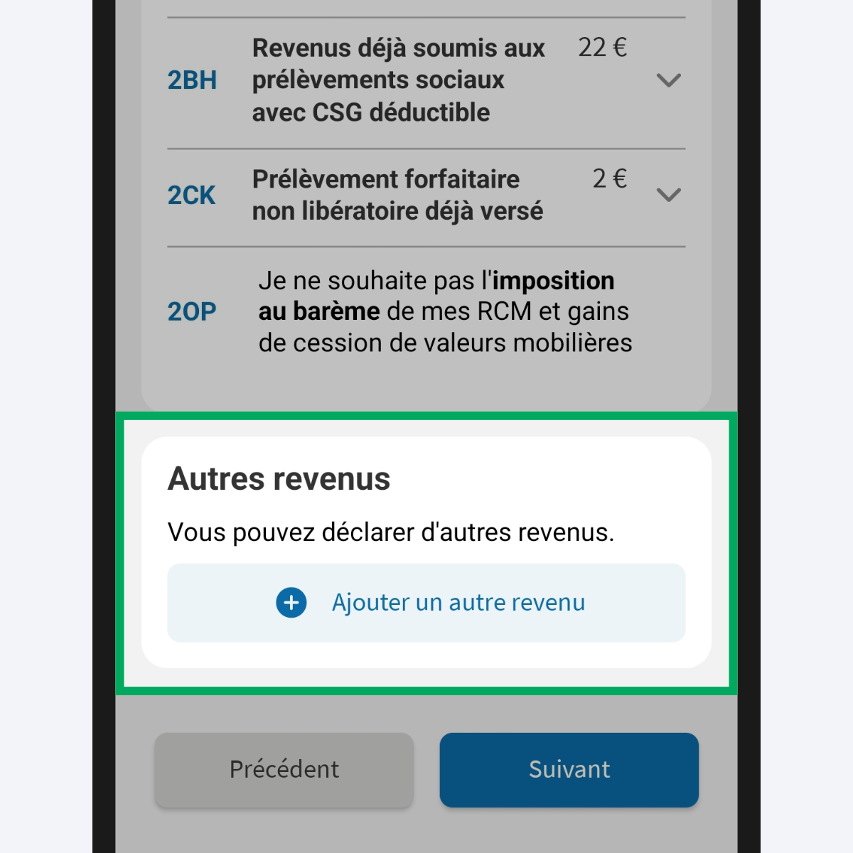 Capture d’écran partielle de l’application présentant
                    la page « Revenus » du service « Déclarer mes revenus ». Le bouton « Ajouter un autre revenu » de la rubrique « Autres Revenus » est encadré