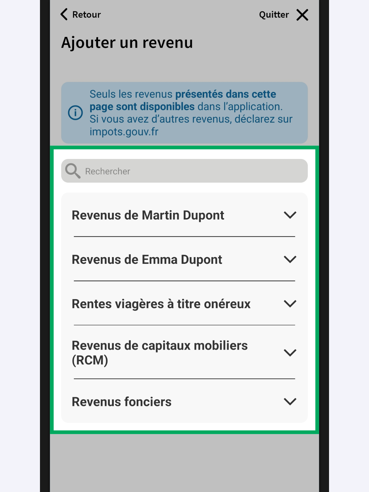 Capture d’écran partielle de l’application présentant
                    la page « Ajouter un revenu » du service « Déclarer mes revenus »