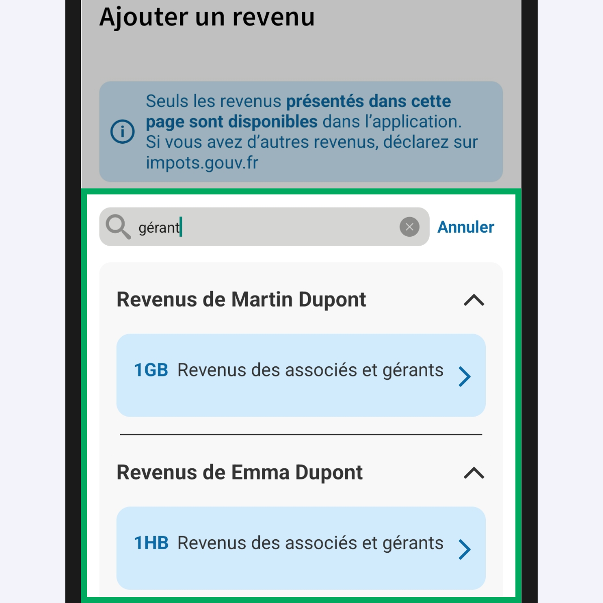 Capture d’écran partielle de l’application présentant
                    la page « Ajouter un revenu » du service « Déclarer mes revenus ». La barre de recherche et le résultat de la recherche sont encadrés