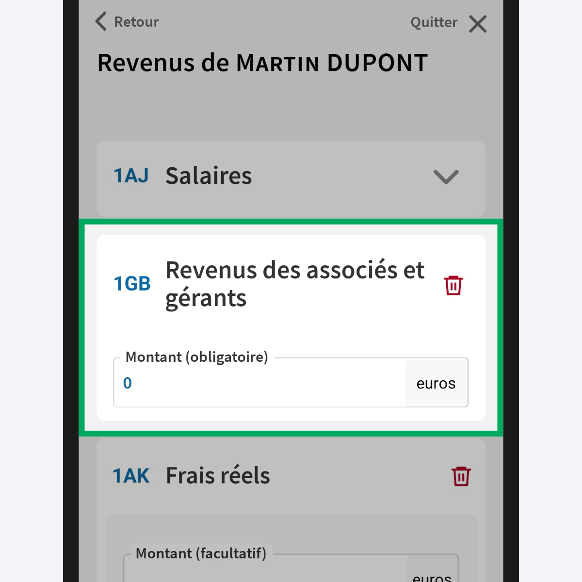 Capture d’écran partielle de l’application présentant la rubrique « Revenus du déclarant 1 » en modification. Le code « 1GB - Revenus des associés et gérants » est encadré