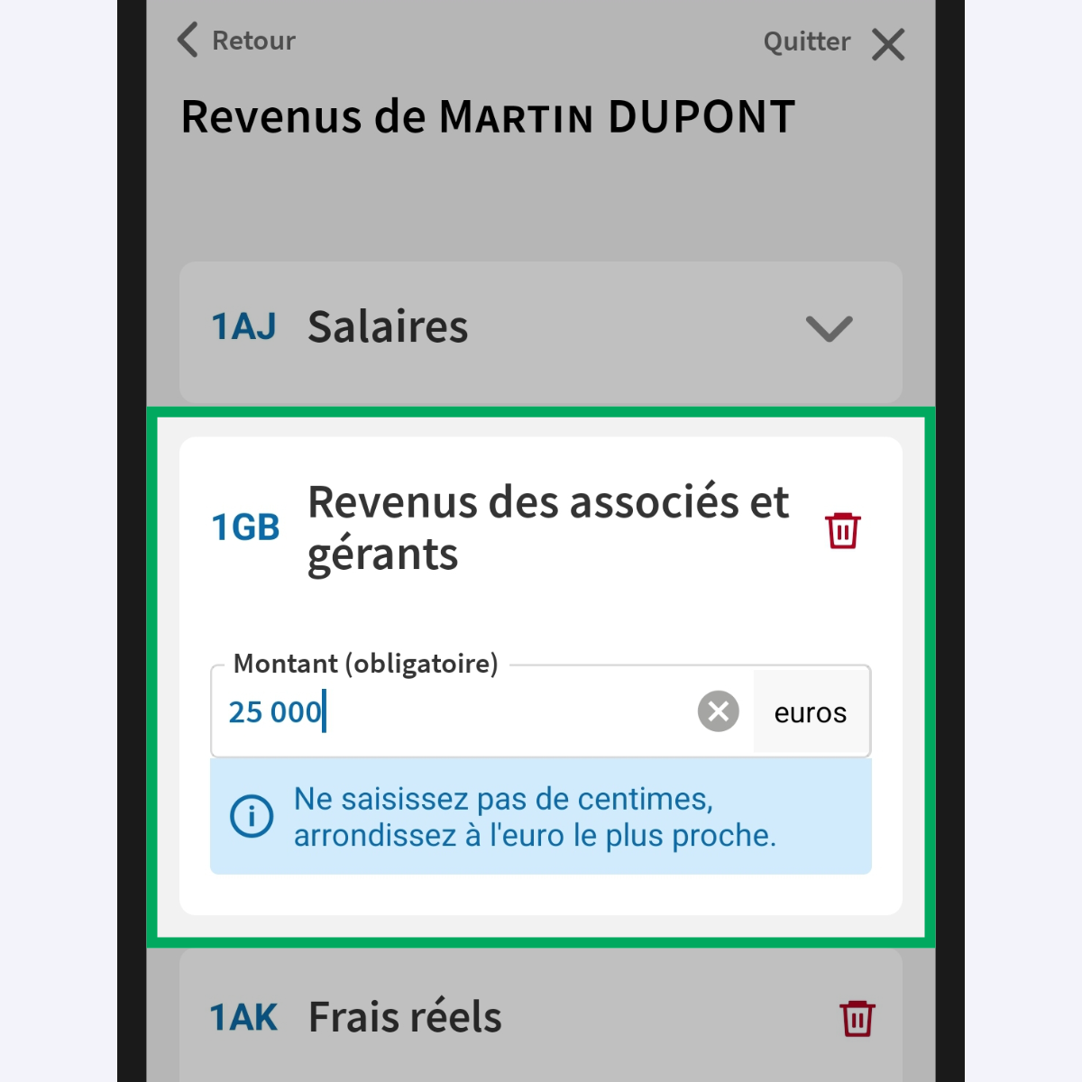 Capture d’écran partielle de l’application présentant la rubrique « Revenus du déclarant 1 » en modification. Le « 1GB - Revenus des associés et gérants » est encadré