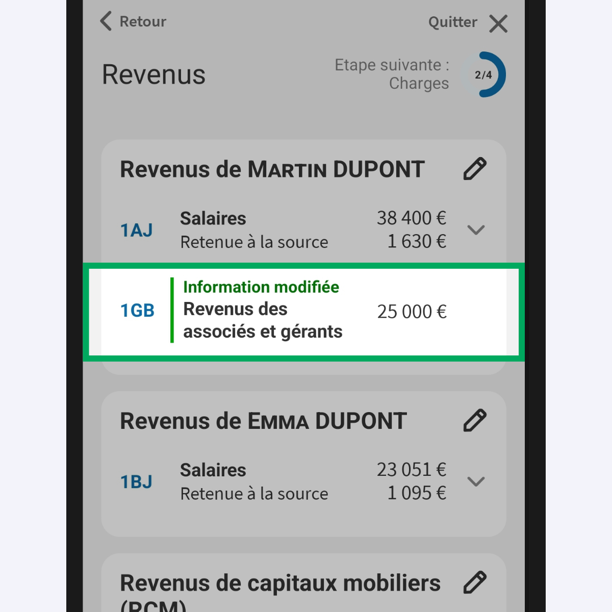 Capture d’écran partielle de l’application présentant
                    la page « Revenus » du service « Déclarer mes revenus ». Le code « 1GB - Revenus des associés et gérants » est indiqué comme « information modifiée » et est encadré