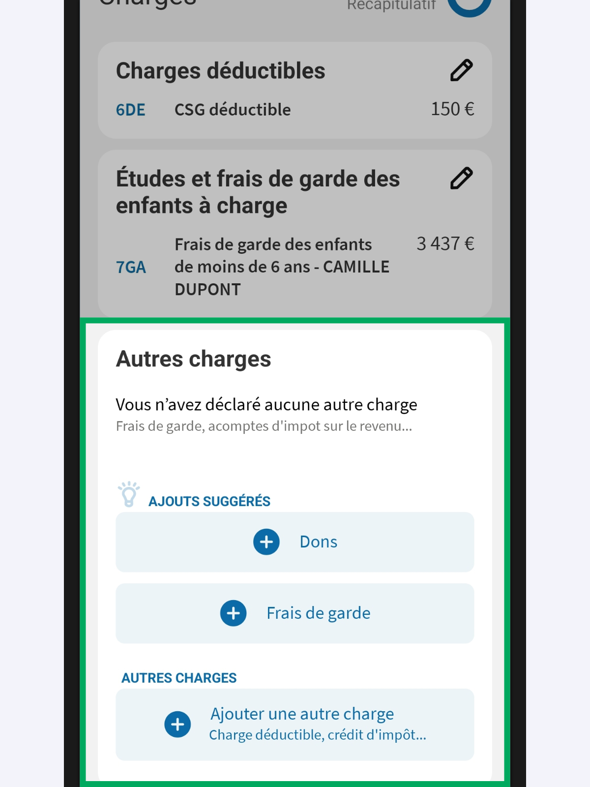 Capture d’écran partielle de l’application présentant
                    la page « Charges » du service « Déclarer mes revenus ». La rubrique « Autres charges » est encadrée