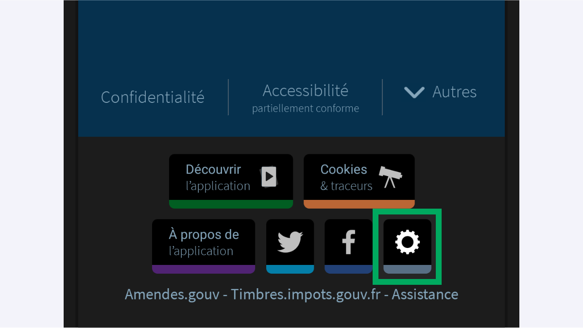 Écran d’accueil de l’application (partiel), avec le bouton présentant une roue crantée encadré
