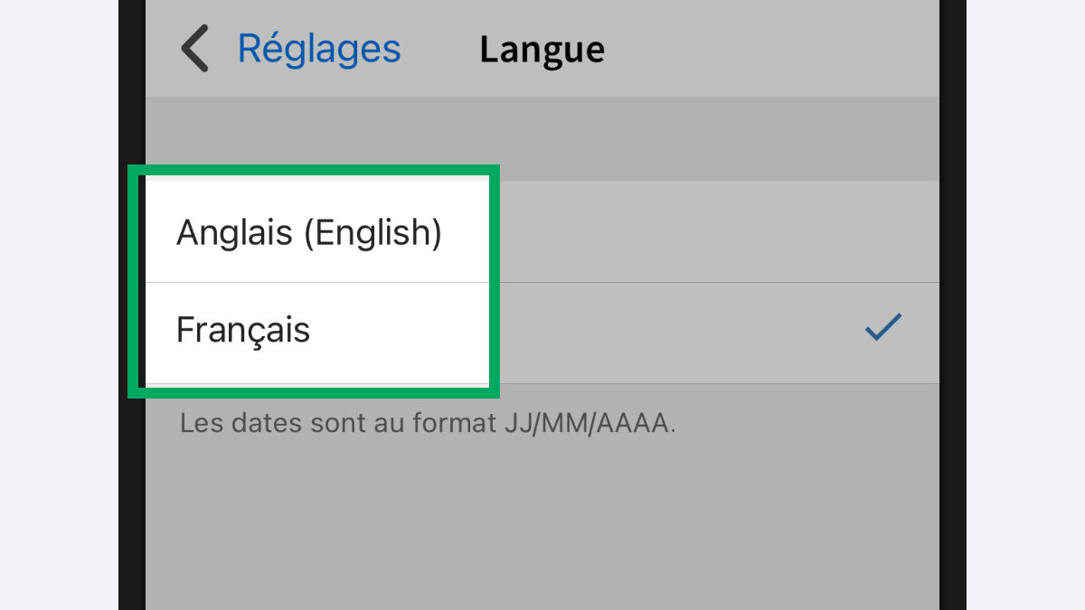 Page « Langue » de l’application (partielle), avec la zone présentant les valeurs « Anglais (English) » et « Français » encadrée