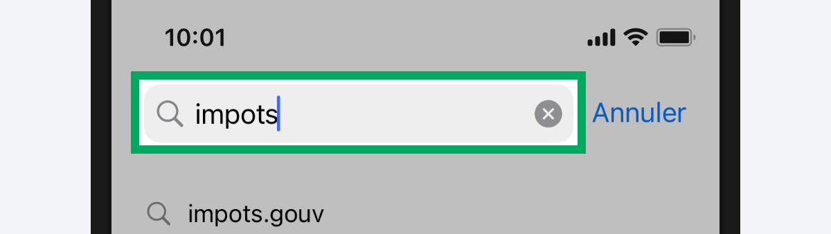 Image d’illustration présentant la saisie de « impots » dans le champ de saisie du moteur de recherche.