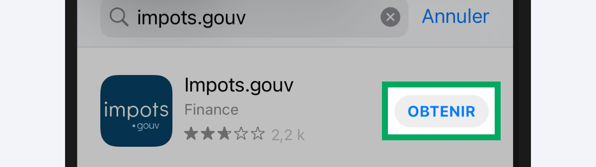 Image d’illustration présentant le résultat  la saisie « impots.gouv » et le bouton « Obtenir » encadré.