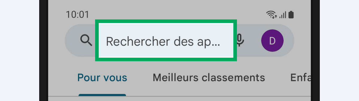 Image d’illustration présentant le champ de saisie « Rechercher des ap... » encadré.
