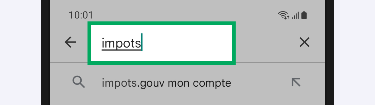 Image d’illustration présentant la saisie en cours de « impots » (encadré) dans le champ de saisie du moteur de recherche.