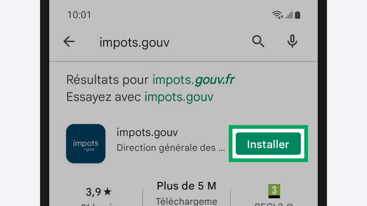 Image d’illustration présentant le résultat « impots.gouv » et le bouton associé « Installer » encadré.