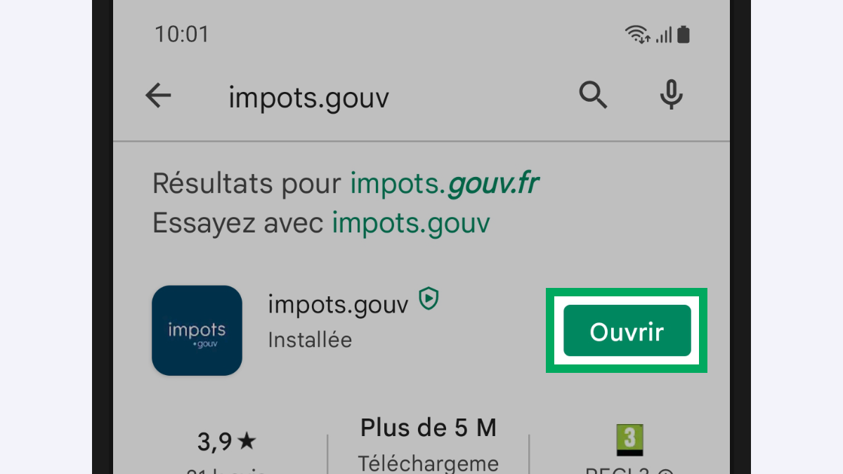 Image d’illustration présentant le résultat « impots.gouv » et le bouton associé « Ouvrir » encadré.