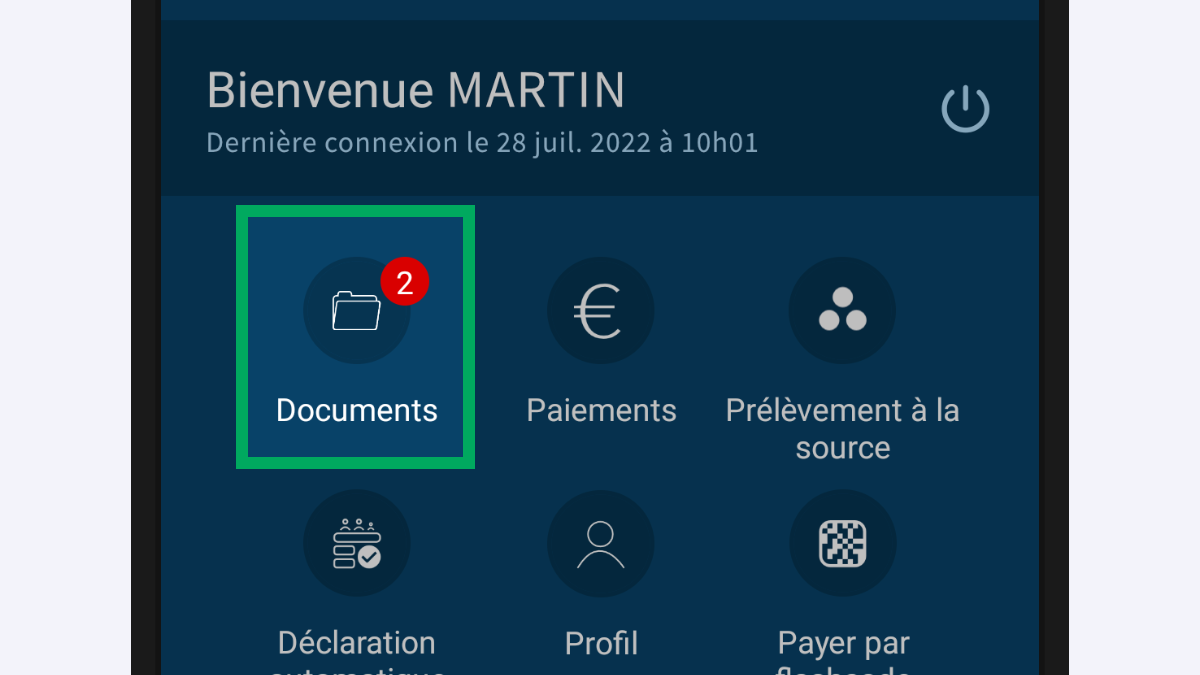 Capture d’écran partielle de l’application présentant l’icône « Documents » encadré, à côté des autres icônes des services