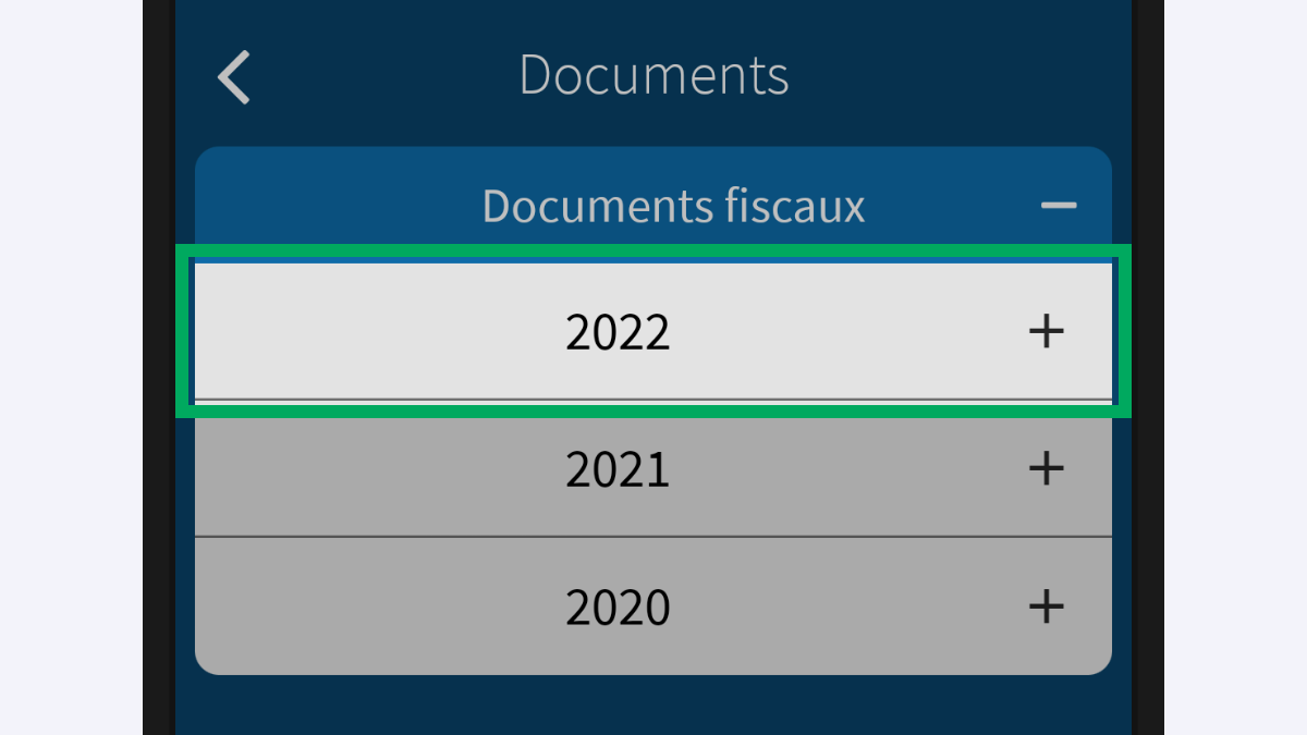 Capture d’écran partielle de l’application présentant l’année « 2022 » encadrée, au dessus des années 2021 et 2020