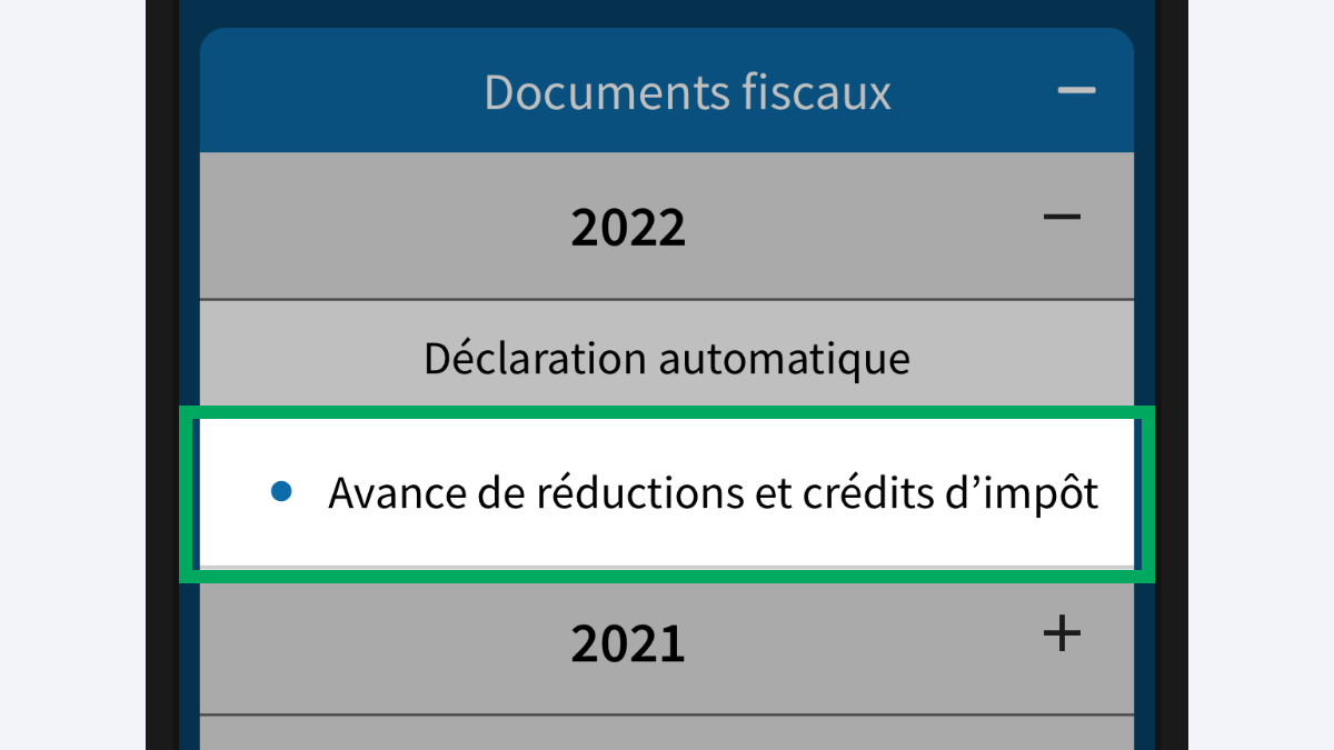 Capture d’écran partielle de l’application présentant l’année « 2022 » encadrée, au dessus des années 2021 et 2020