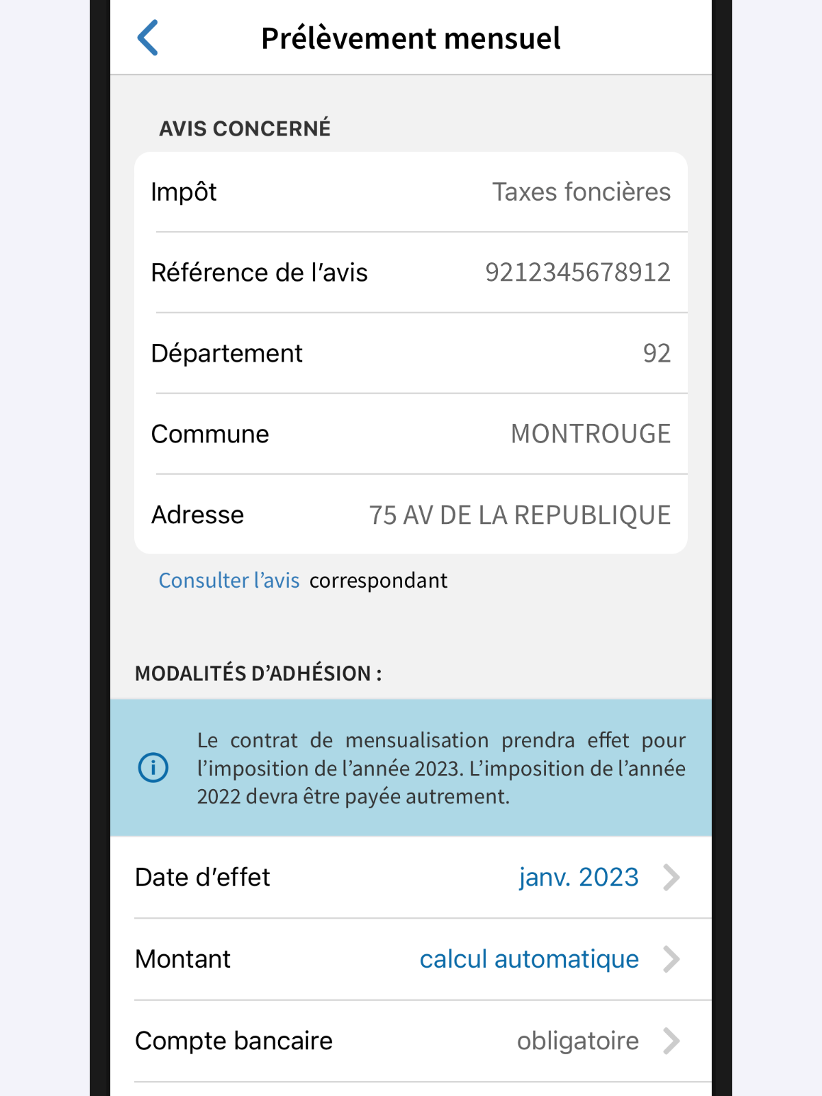 Capture d’écran partielle de l’application présentant l’essentiel de la page « Prélèvement mensuel ».