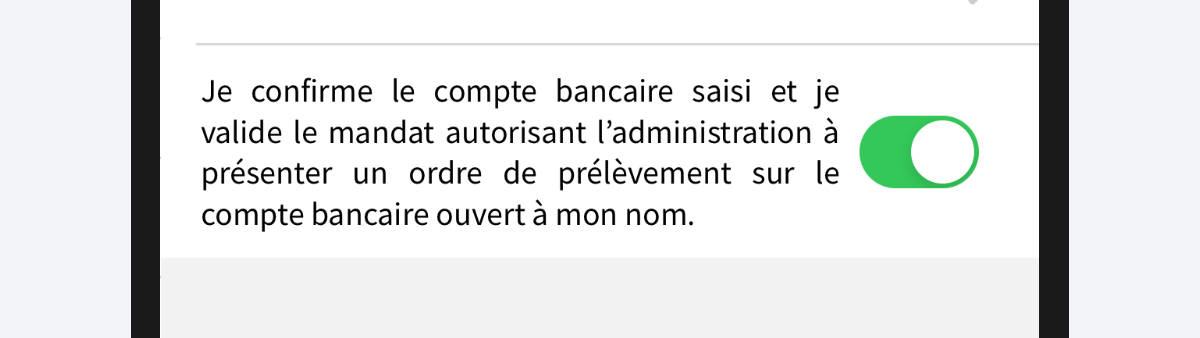 Capture d’écran partielle de l’application présentant le cadre « Modalités d’adhésion » de la page « Prélèvement mensuel ». Le bouton poussoir est en position activée.