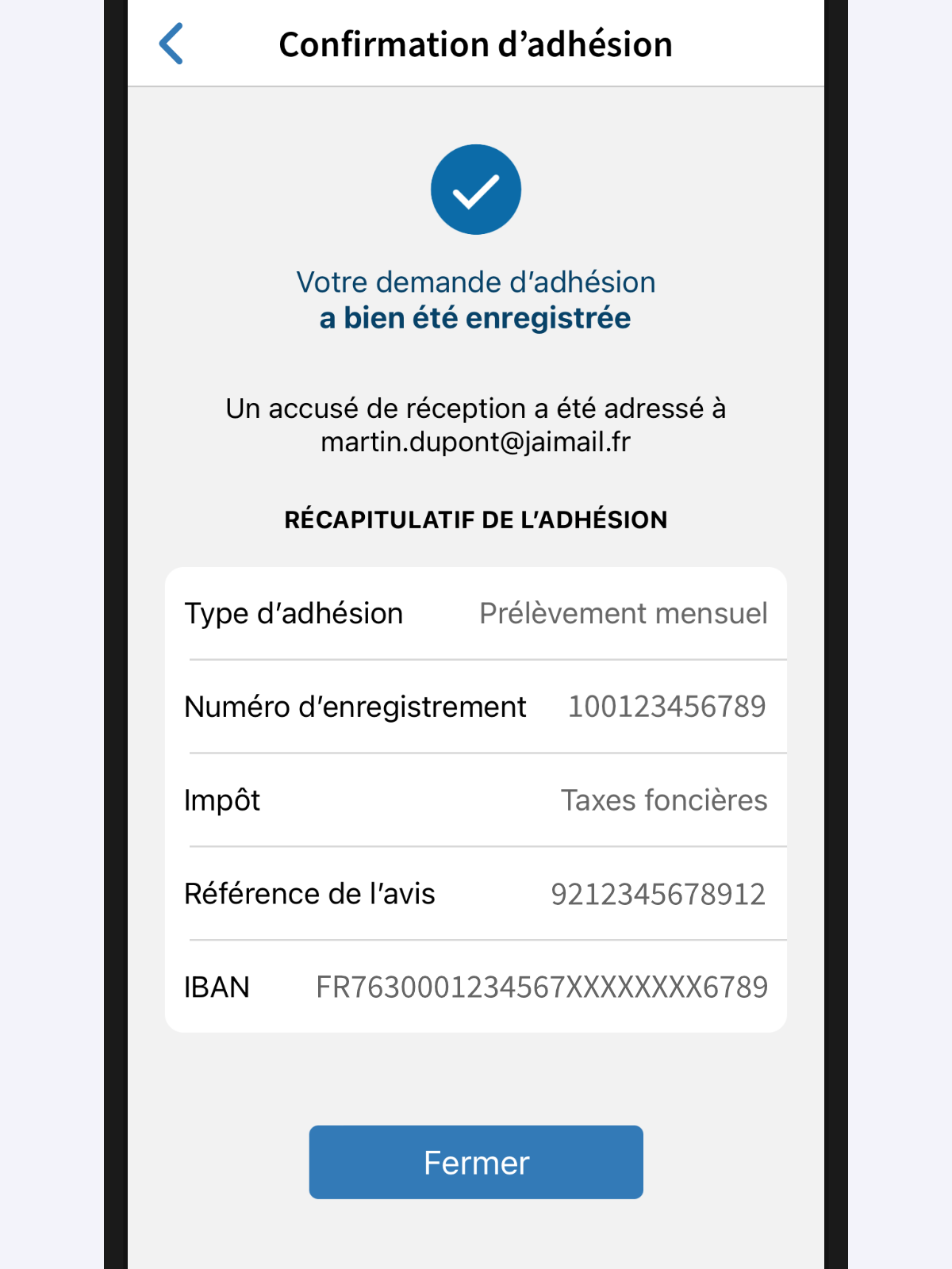 Capture d’écran partielle de l’application présentant la page « Confirmation d’adhésion ».