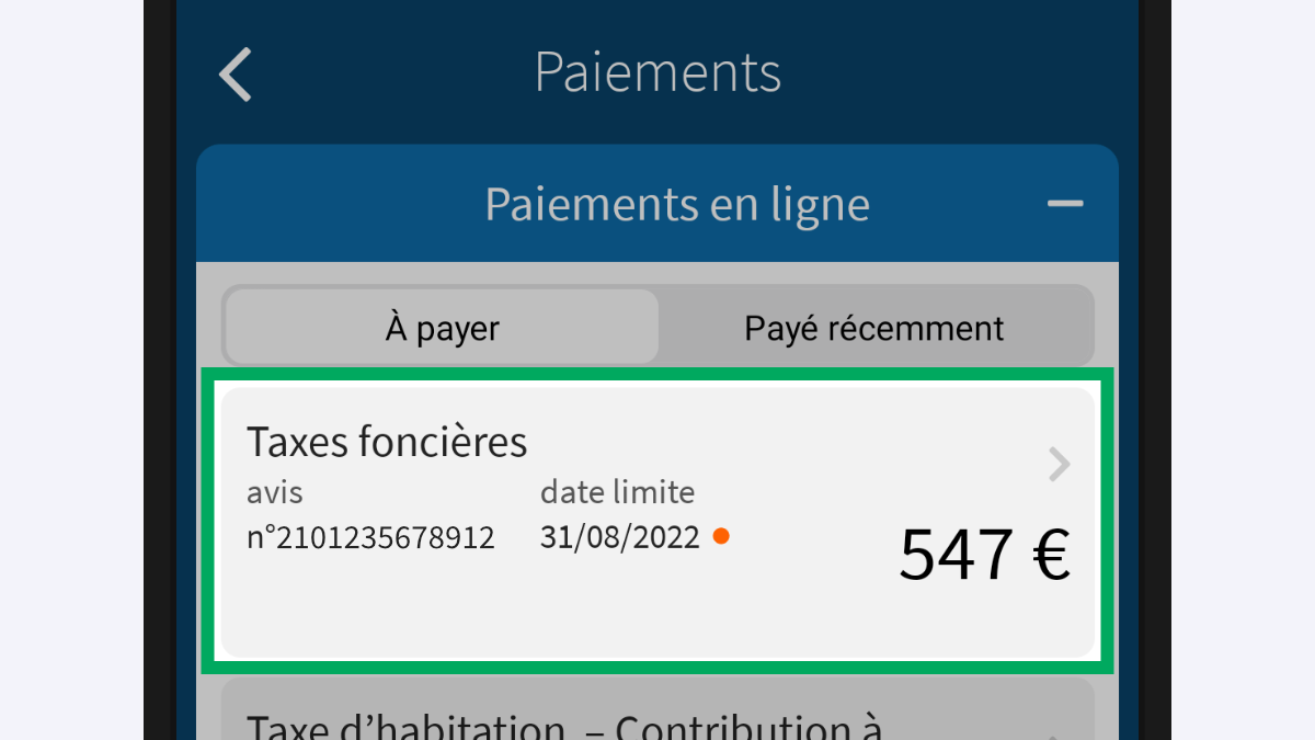 Capture d’écran partielle de l’application présentant l’année « 2022 » encadrée, au dessus des années 2021 et 2020