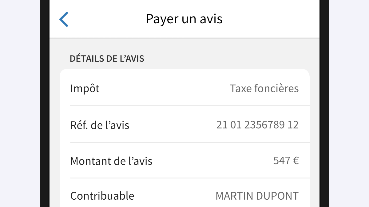 Capture d’écran partielle de l’application présentant le haut de la page « Payer un avis ».