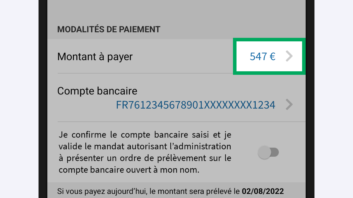 Capture d’écran partielle de l’application présentant la rubrique « Modalités de paiement » de la facture consultée. Le montant est encadré.