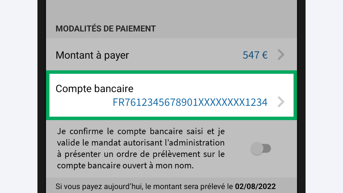 Capture d’écran partielle de l’application présentant le cadre « Modalités de paiement » de la facture consultée. La ligne « Compte bancaire » est encadrée.