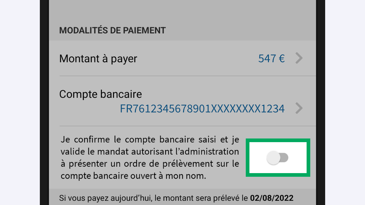 Capture d’écran partielle de l’application présentant le cadre « Modalités de paiement » de la facture consultée. Le bouton poussoir est encadré : il est en position désactivée.