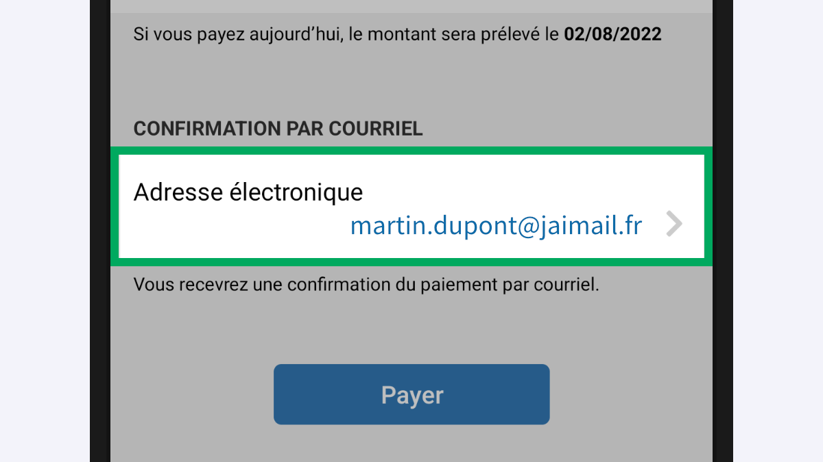 Capture d’écran partielle de l’application présentant le cadre « Confirmation par courriel » de la facture consultée. La ligne « Adresse électronique » (avec une valeur « martin.dupont@jaimail.fr ») est encadrée.