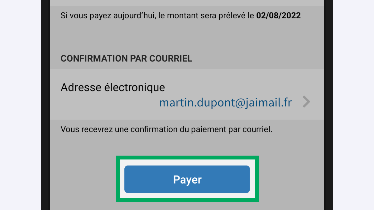 Capture d’écran partielle de l’application présentant le bas de la page. Le bouton « Payer » est encadré.