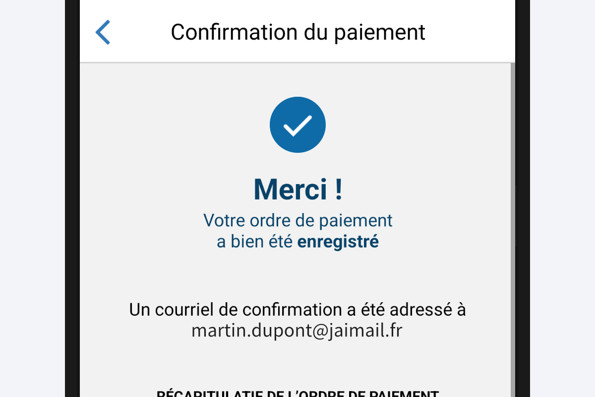 Capture d’écran partielle de l’application présentant la page « Confirmation du paiement ».
