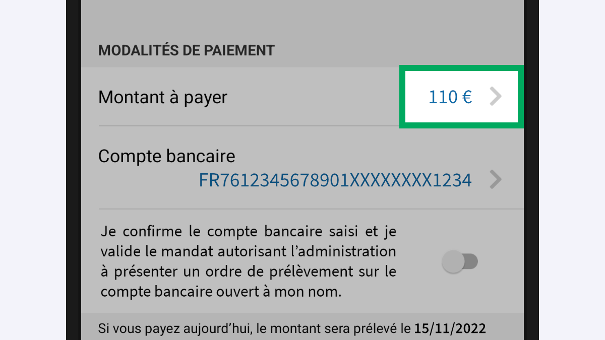 Capture d’écran partielle de l’application présentant la rubrique « Modalités de paiement » de la facture consultée. Le montant est encadré.