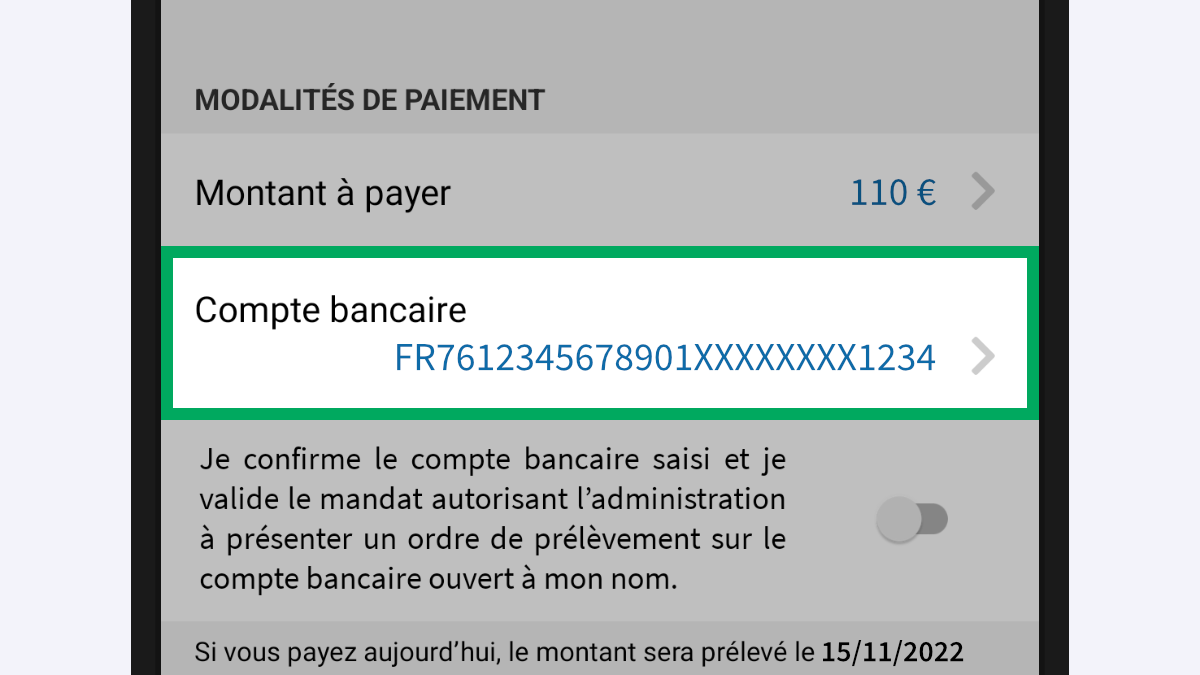 Capture d’écran partielle de l’application présentant le cadre « Modalités de paiement » de la facture consultée. La ligne « Compte bancaire » est encadrée.