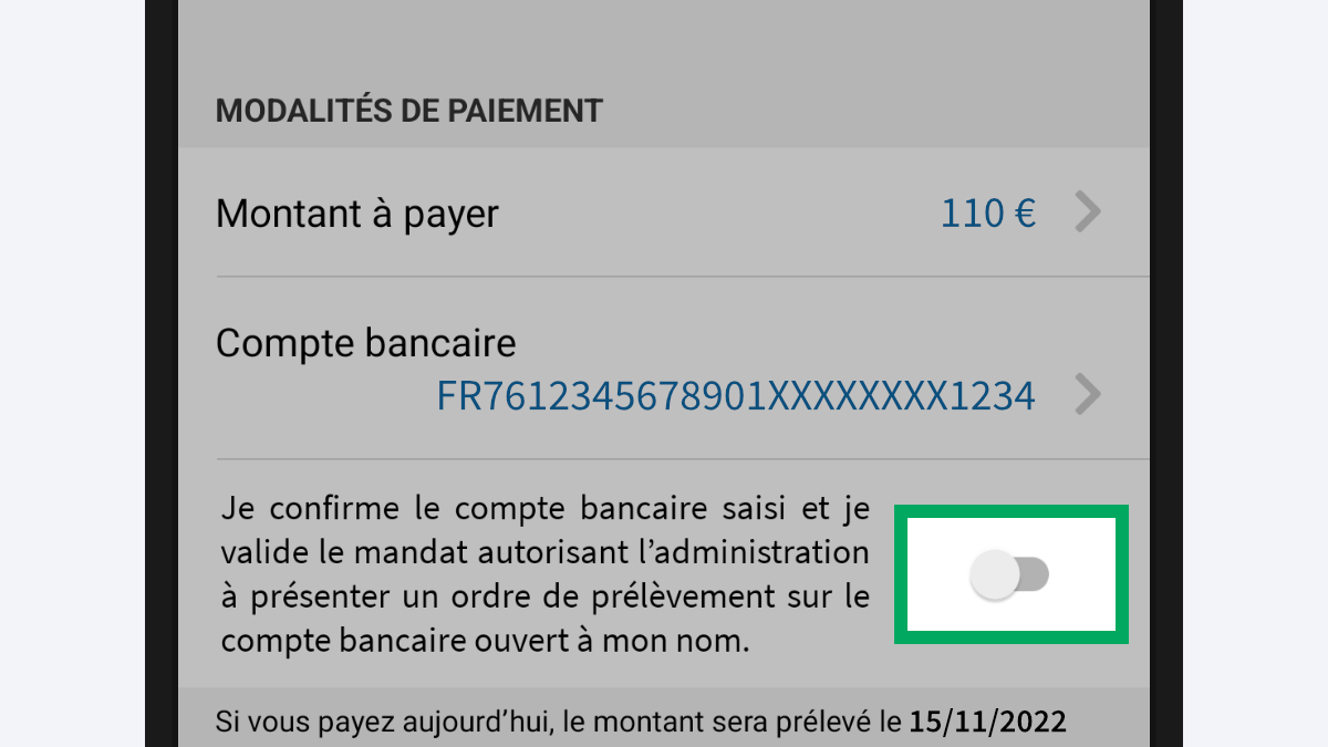 Capture d’écran partielle de l’application présentant le cadre « Modalités de paiement » de la facture consultée. Le bouton poussoir est encadré : il est en position désactivée.
