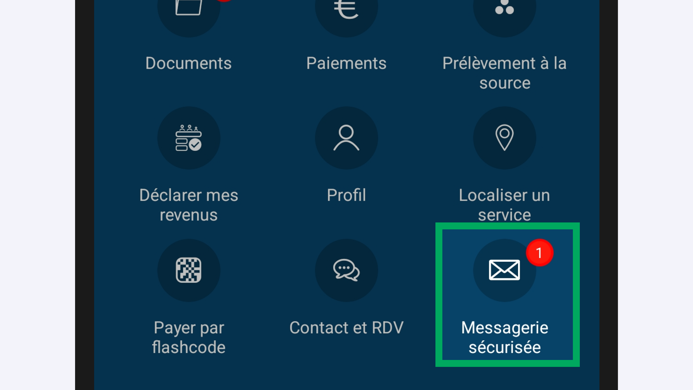 Capture d’écran partielle de l’application présentant
                    la page d’accueil après authentification. L’icône « Messagerie sécurisée » est encadrée, à côté des autres icônes des services.