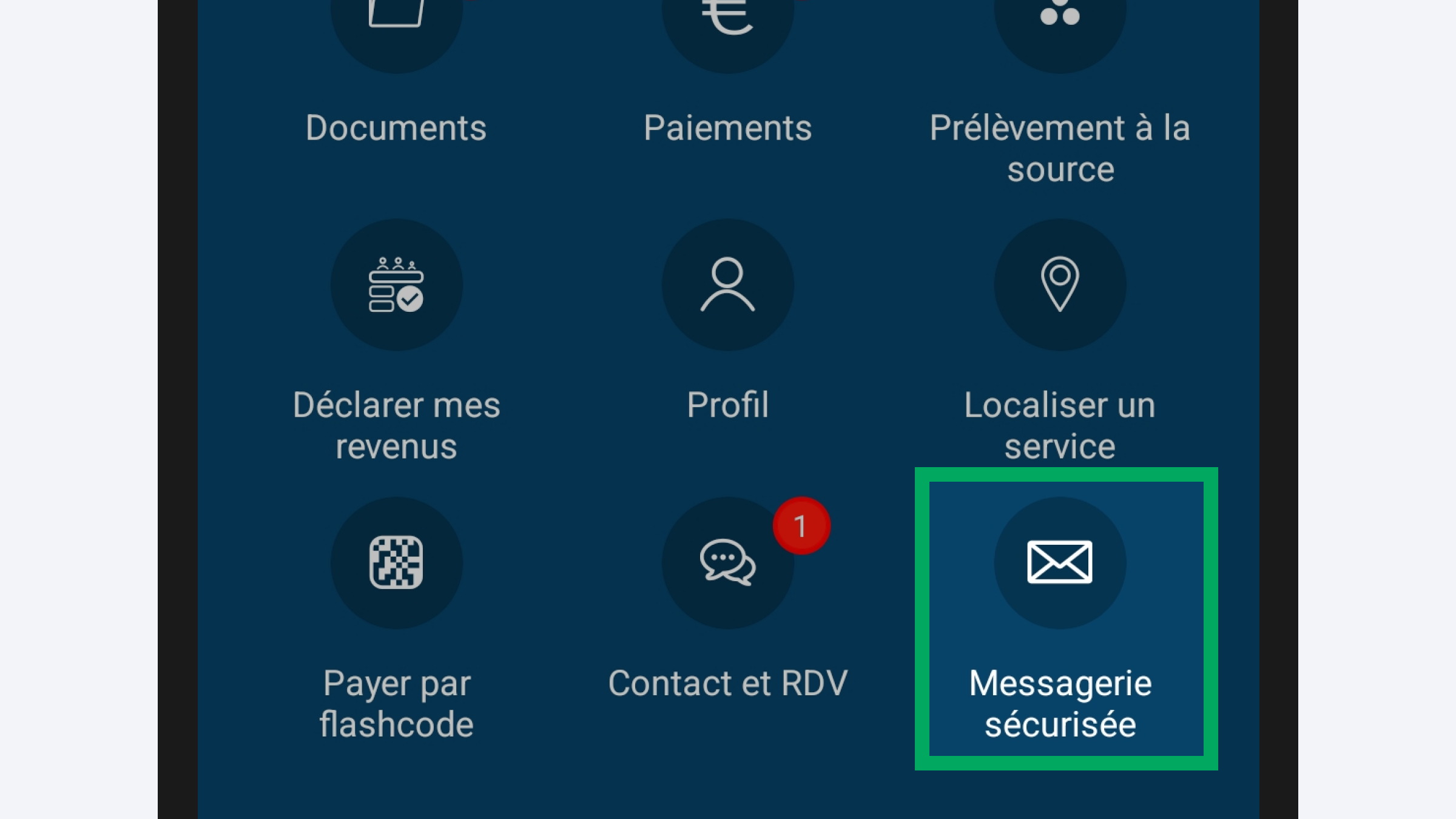 Capture d’écran partielle de l’application présentant
                    la page d’accueil après authentification. L’icône « Messagerie sécurisée » est encadrée, à côté des autres icônes des services.