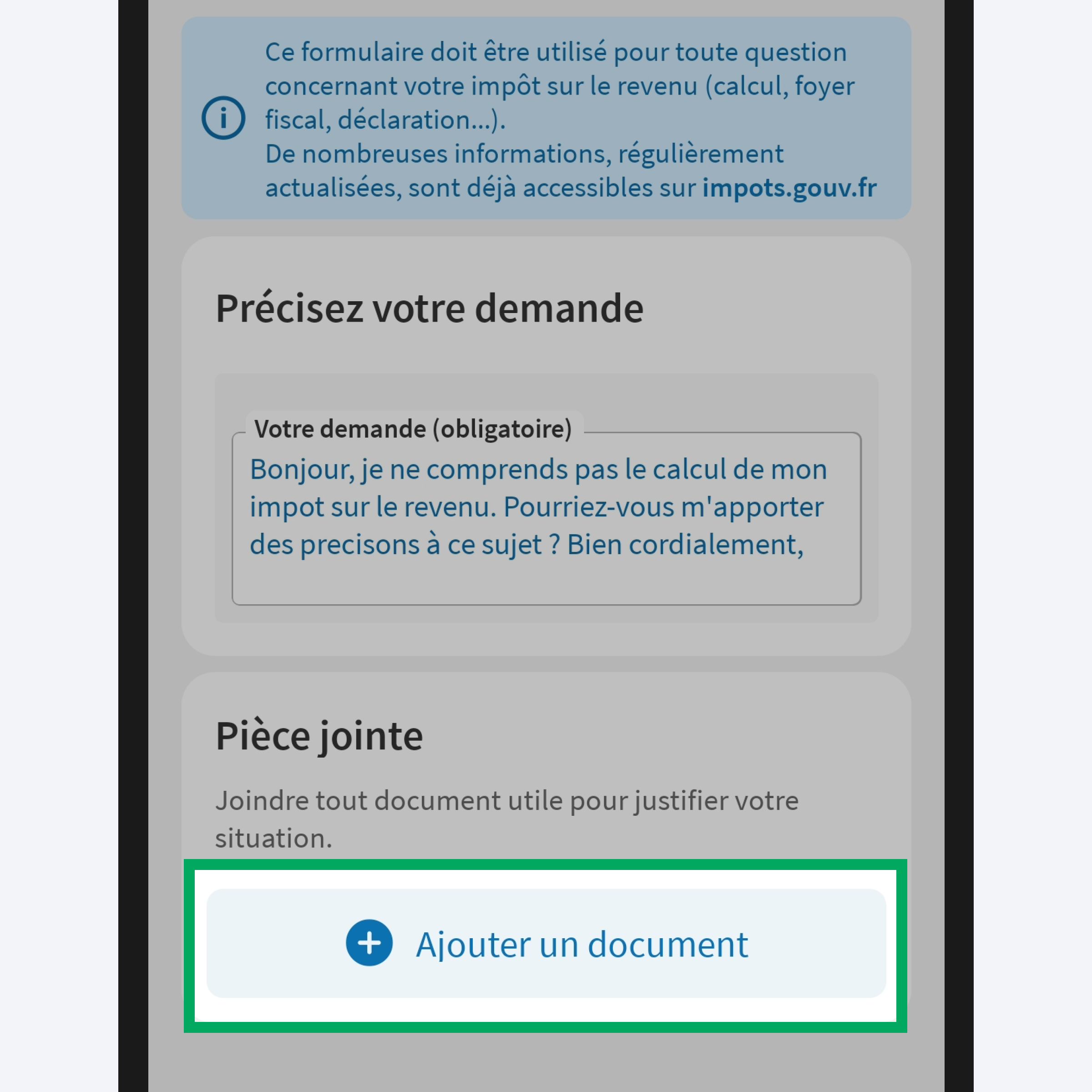 Capture d’écran partielle de l’application présentant
                    la page de la première étape de saisie. Le bouton « Ajouter un document » dans le bloc « Pièce jointe » est encadré.