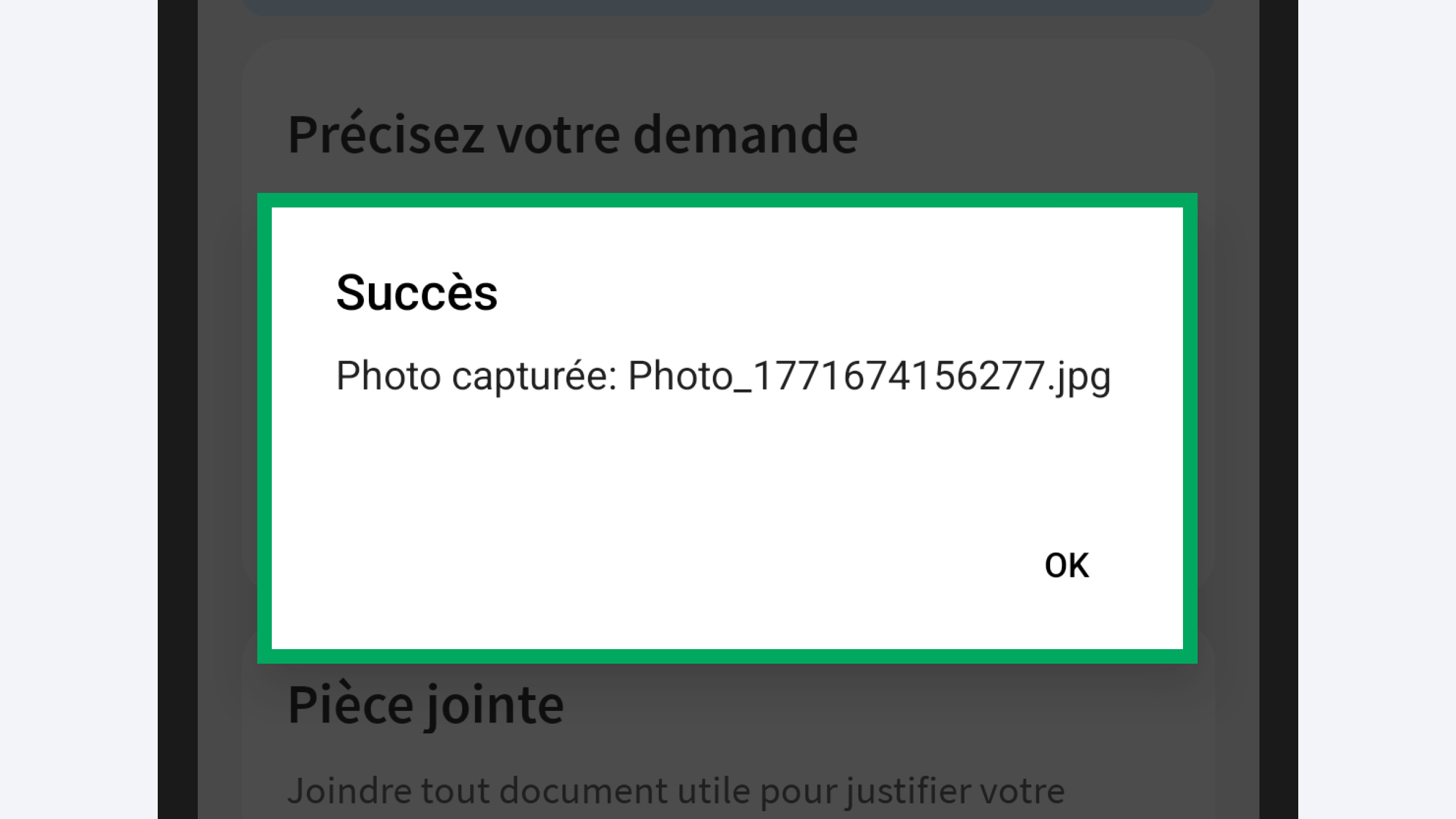 Capture d’écran partielle de l’application 
                                                    présentant la page de la première étape de saisie.
                                                    La fenêtre de « Succès » avec le bouton « Ok » est encadrée.