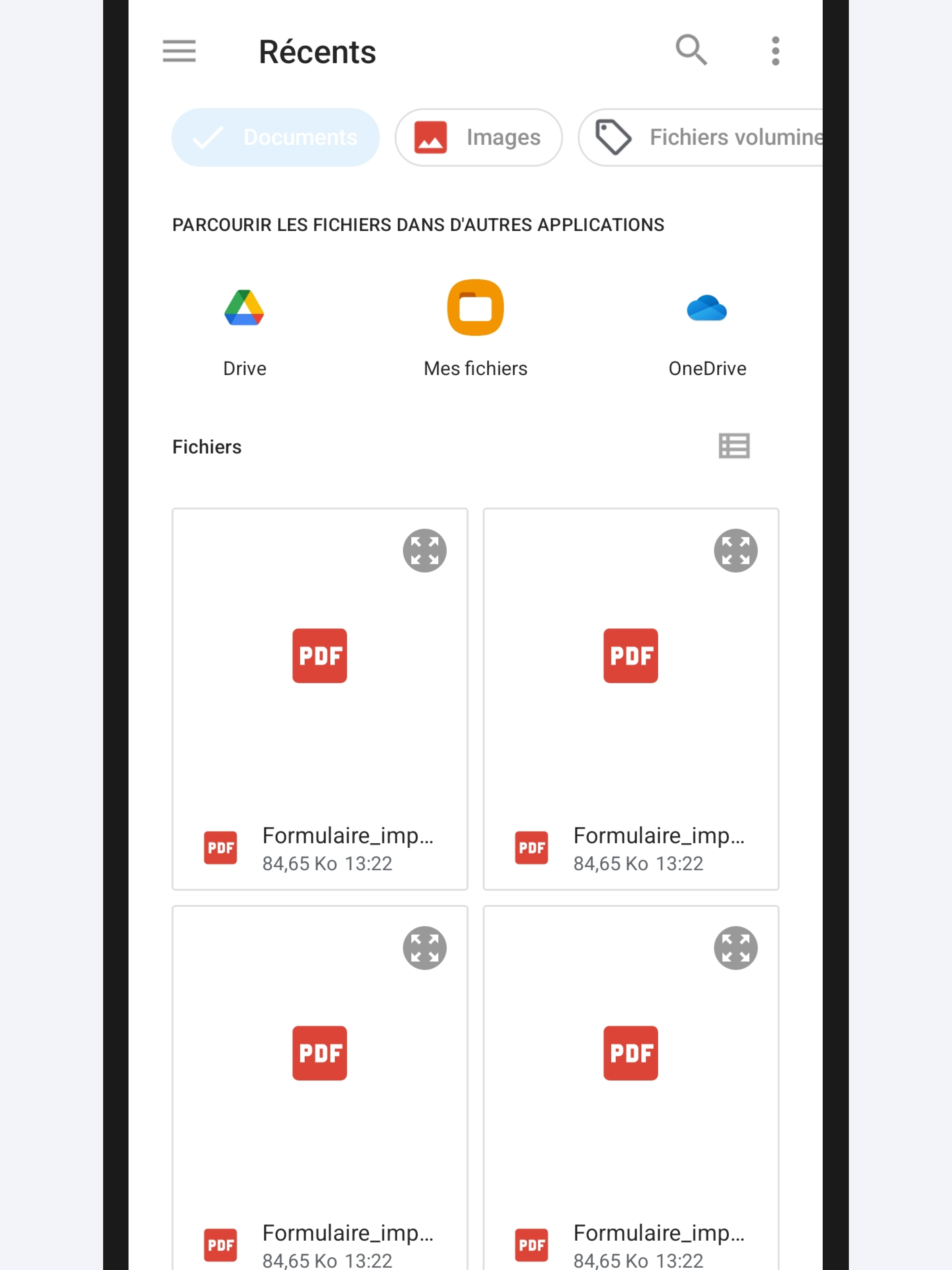 Capture d’écran partielle de l’application présentant 
                                                    le gestionnaire de fichiers de l’appareil.