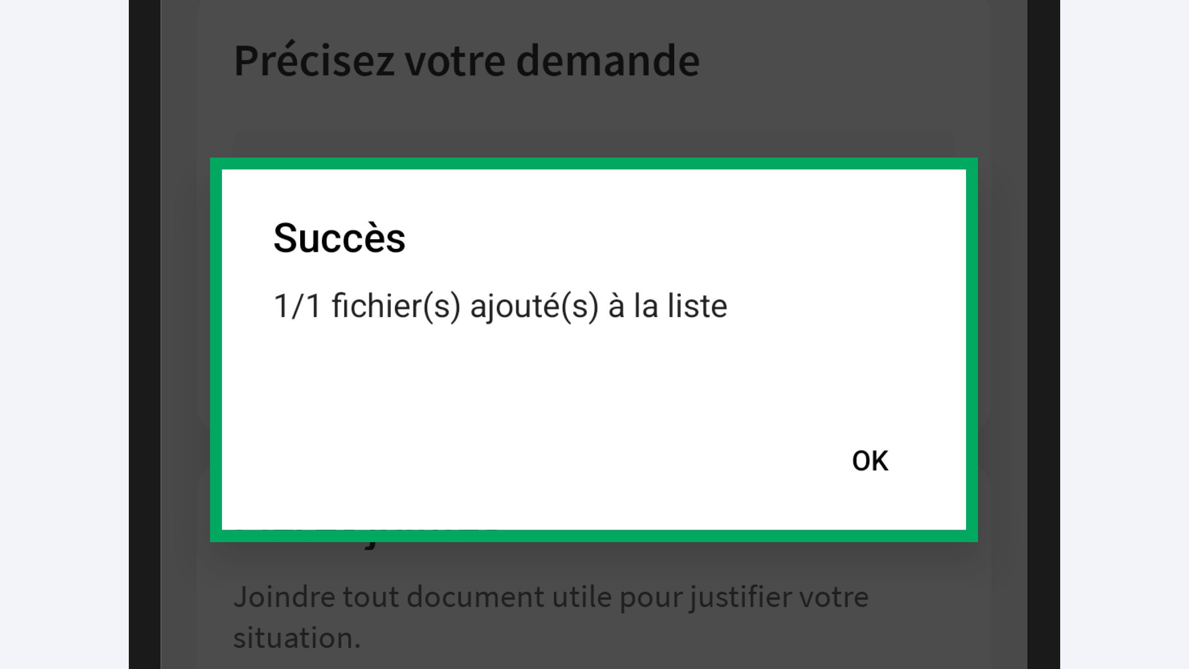 Capture d’écran partielle de l’application 
                                                    présentant la page de la première étape de saisie.
                                                    La fenêtre de « Succès » avec le bouton « Ok » est encadrée.