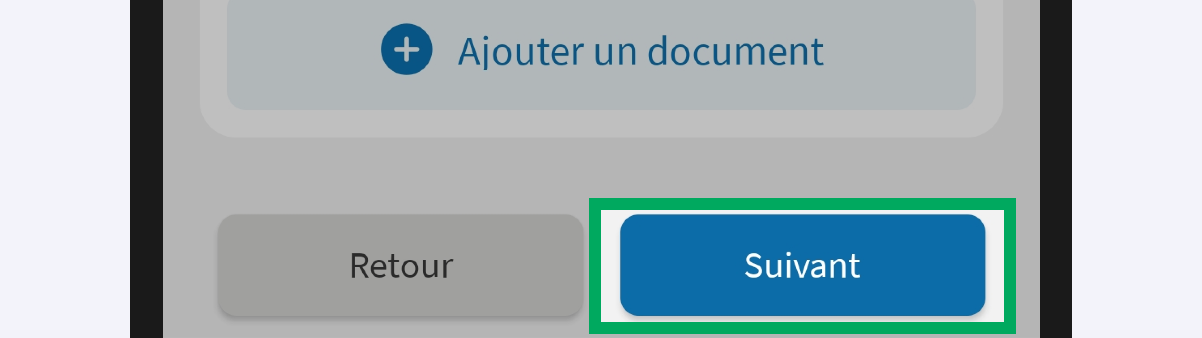 Capture d’écran partielle de l’application présentant
                    la page de la première étape de saisie. Le bouton « Suivant » en bas de la page est encadré.