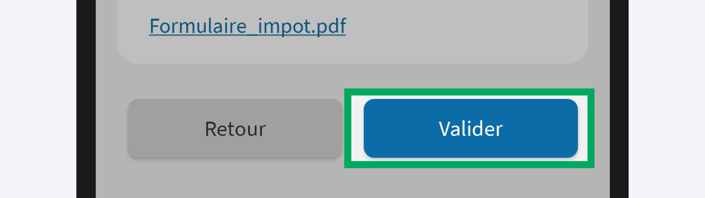 Capture d’écran partielle de l’application présentant
                    la page « Récapitulatif » de la seconde étape. Le bouton « Valider » en fin de page est encadré.