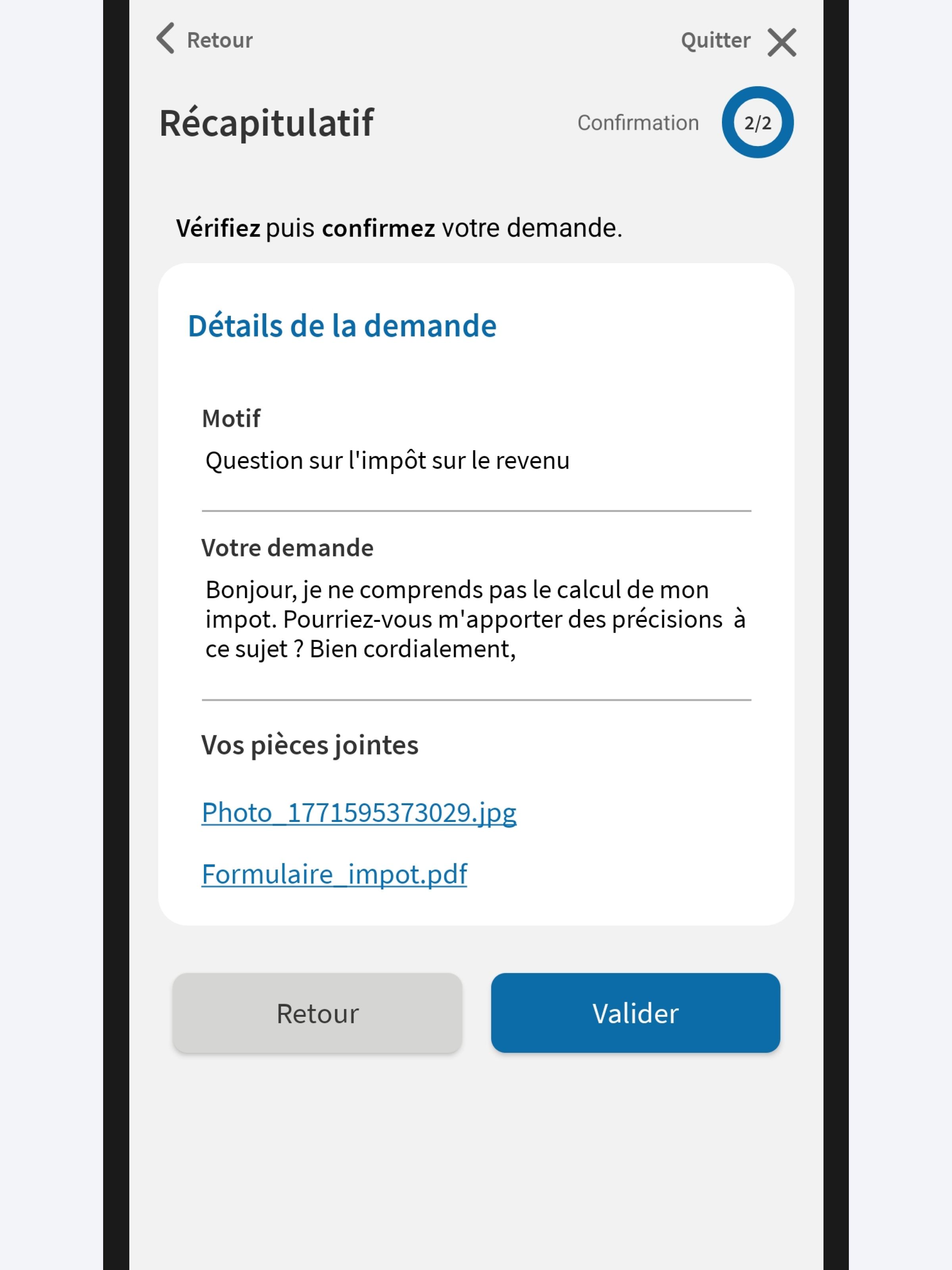 Capture d’écran partielle de l’application présentant
                    la page « Récapitulatif » de la seconde étape, affichant l'ensemble des informations précédemment saisies ou ajoutées pour les documents.