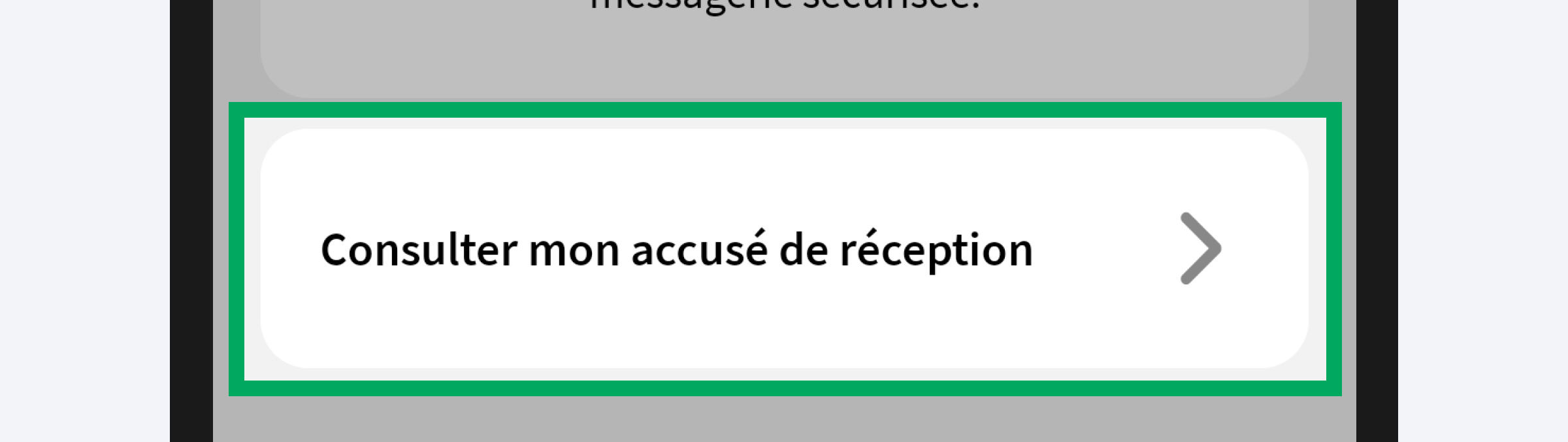 Capture d’écran partielle de l’application présentant
                    la page « Confirmation ». Le bouton « Consulter mon accusé de réception » et encadré.