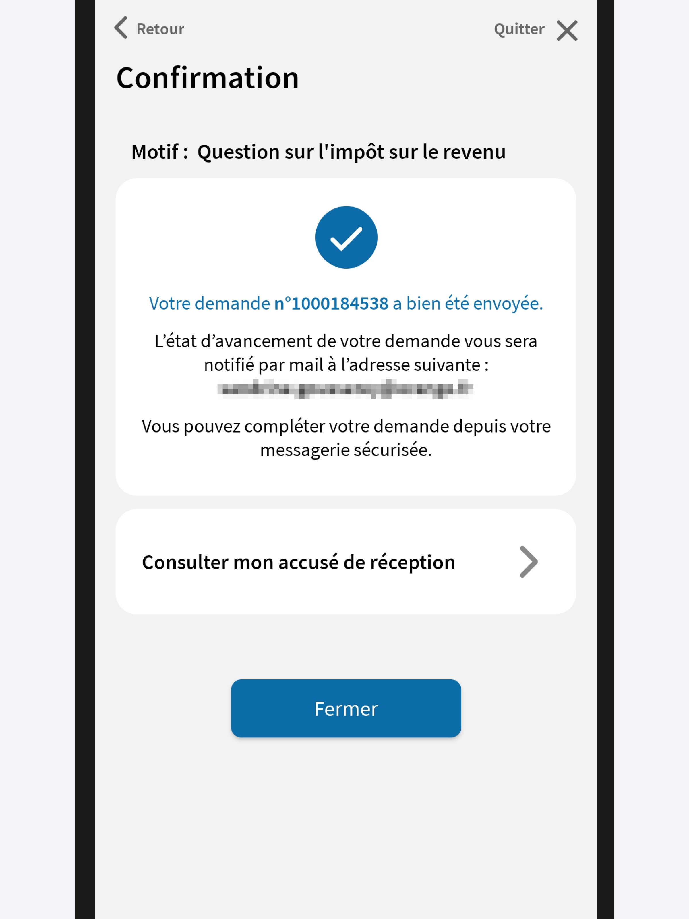 Capture d’écran partielle de l’application présentant
                    la page « Confirmation ».