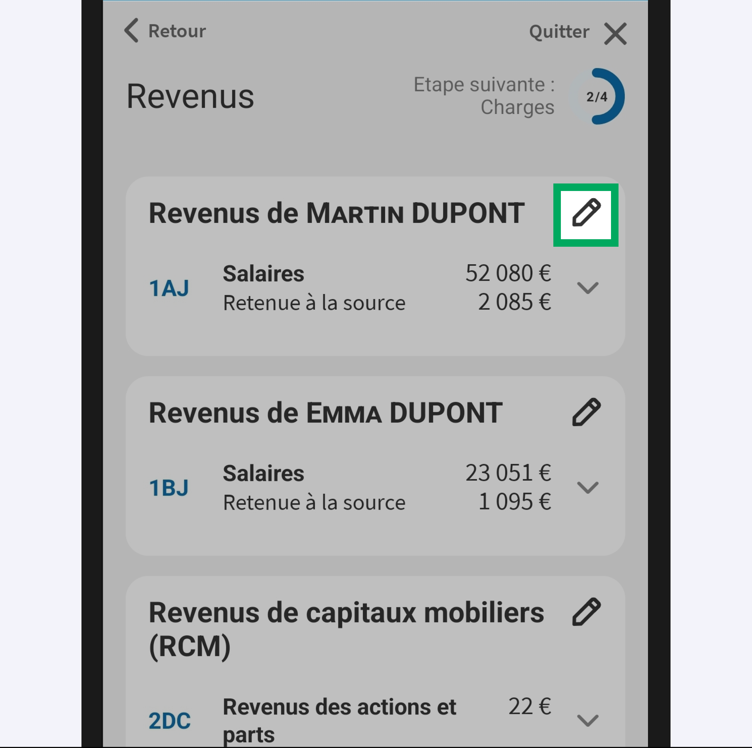 Capture d’écran partielle de l’application présentant
                    la page « Revenus » du service « Déclarer mes revenus ». Les rubriques de revenus du déclarant 1 et 2 sont affichées. L'icône crayon des revenus de Martin DUPONT (1AJ) est encardé
