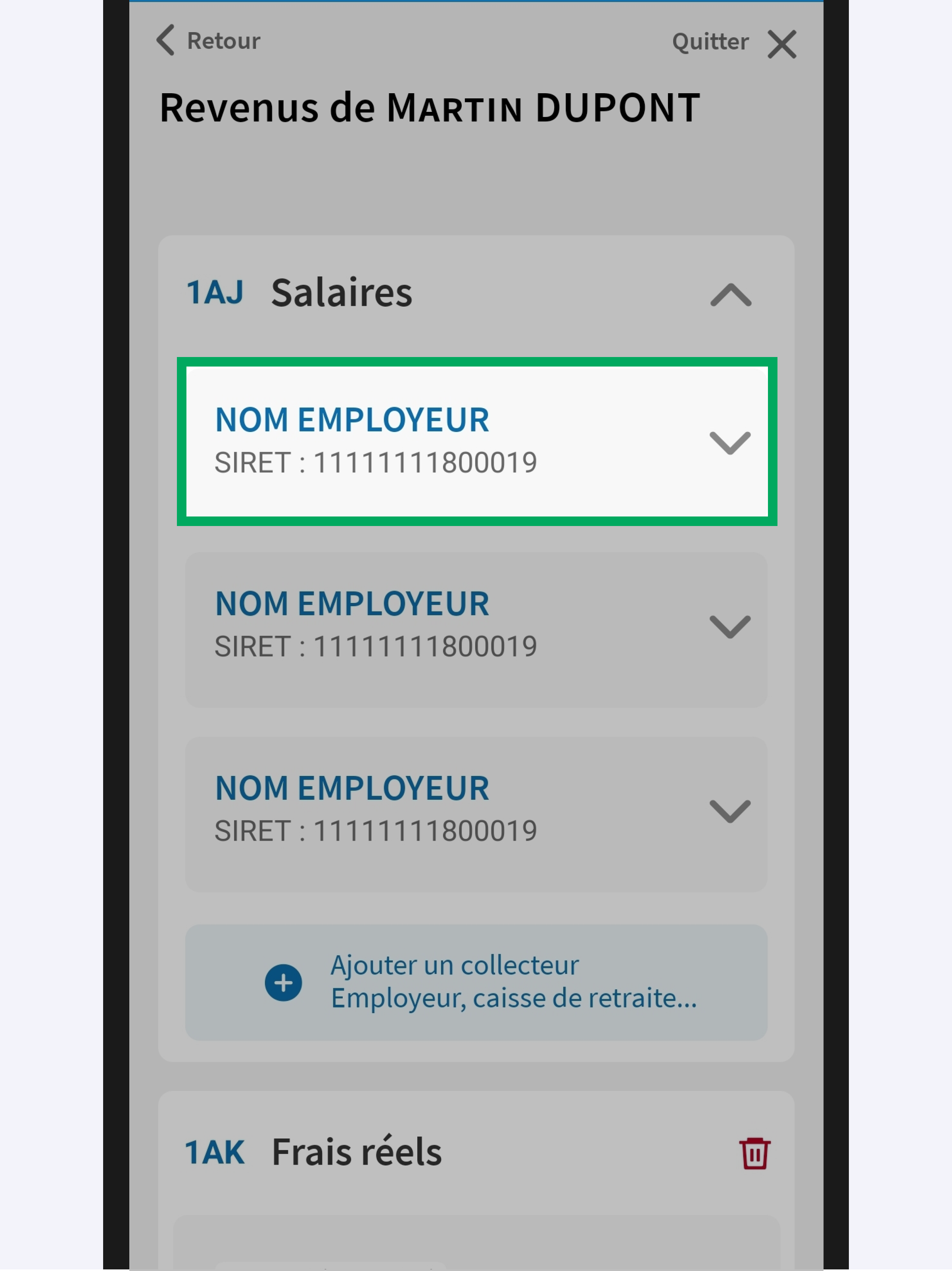 Capture d’écran partielle de l’application présentant
                                la page « Revenus de Martin DUPONT » en mode modifié. Le collecteur 1 avec chevron fermé est encadré
