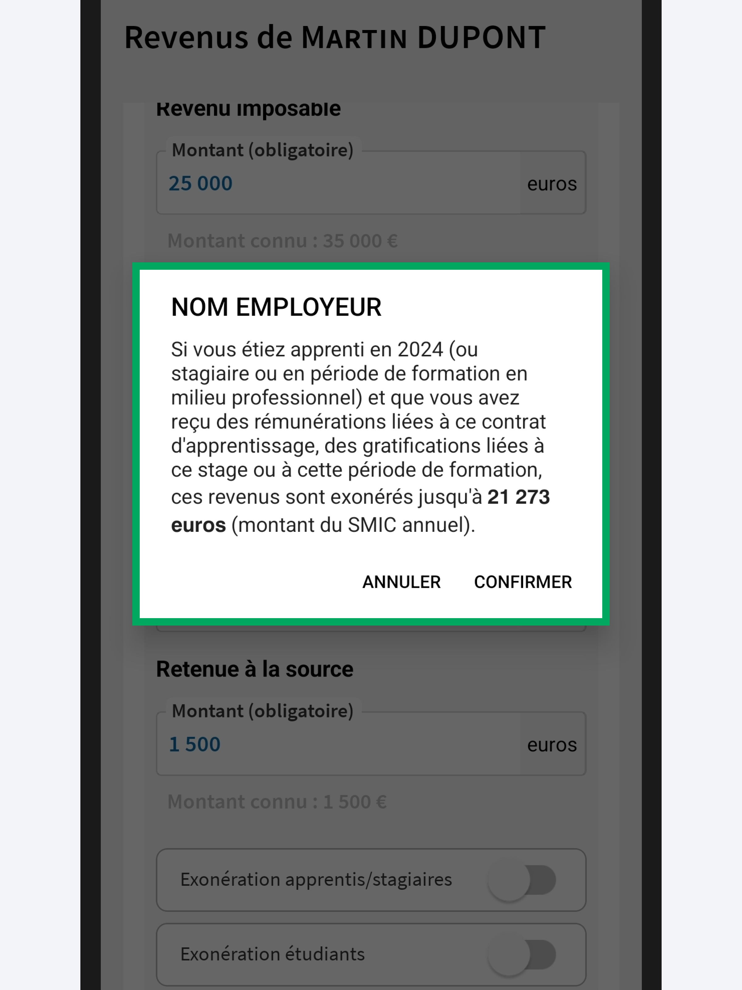 Capture d’écran partielle de l’application présentant
                                la fenêtre d'avertissement « Exonération apprentis/stagiaires » s'ouvrant sur la page modification du collecteur 1. Le bouton « Confirmer » est encadré