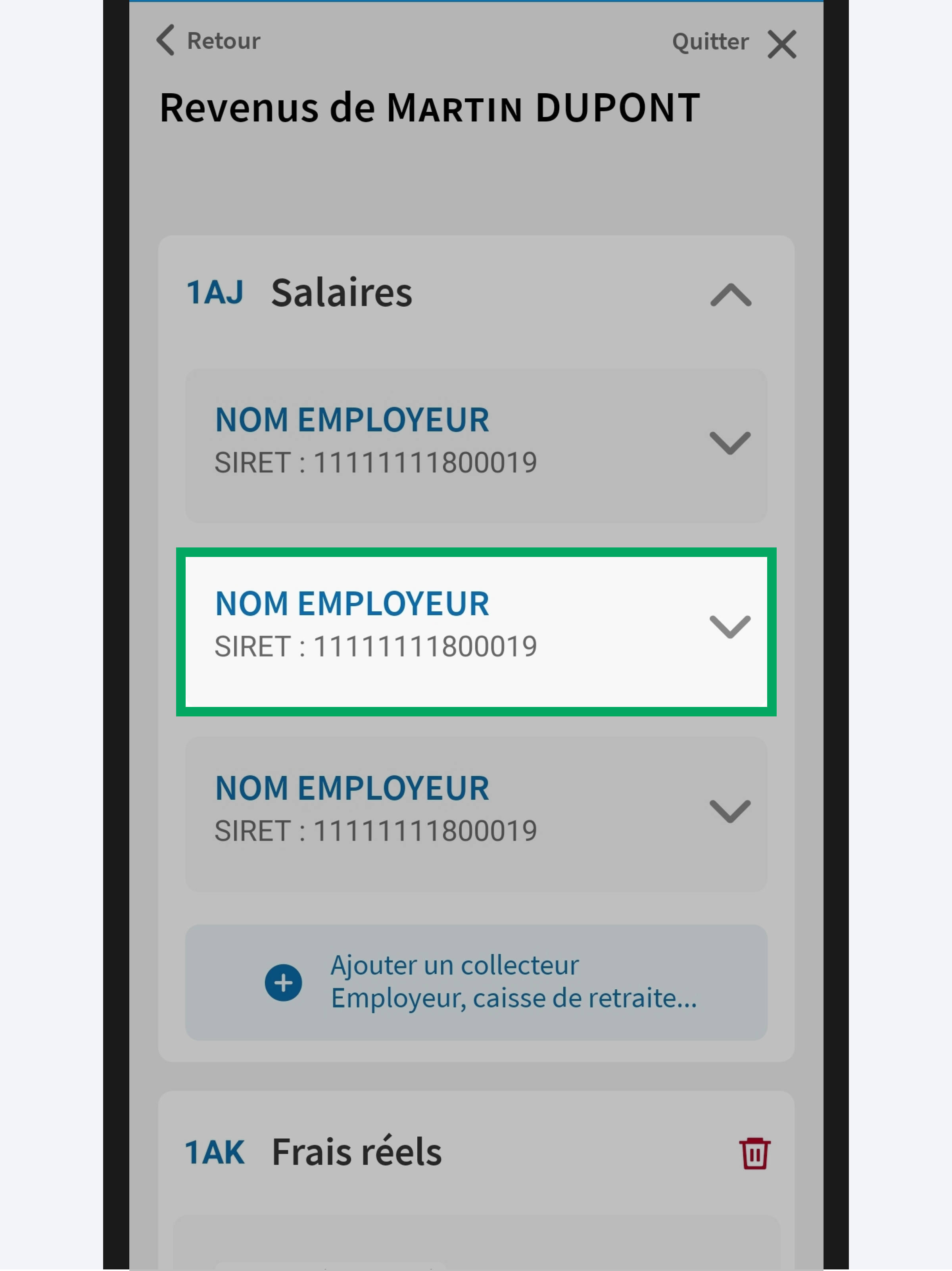 Capture d’écran partielle de l’application présentant
                            la page « Revenus de Martin DUPONT » en mode modifié. Le collecteur 1 avec chevron fermé est encadré