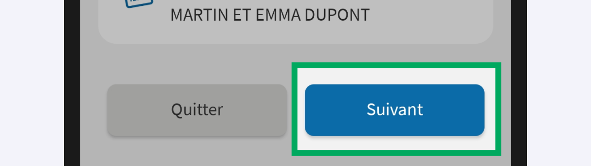 Capture d’écran partielle de l’application présentant
                    les boutons « Quitter » et « Suivant » de la page « Situation » du service « Déclarer mes revenus ». Le bouton « Suivant » est encadré.