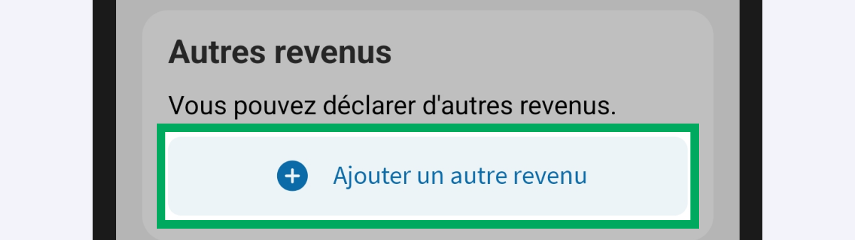Capture d’écran partielle de l’application présentant
                    la page « Revenus » du service « Déclarer mes revenus ». Le bouton d'ajout des revenus « Ajouter un autre revenu » de la rubrique « Autres Revenus » est encadré